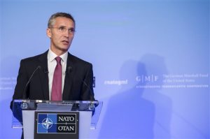 NATO Secretary General Jens Stoltenberg gives a policy speech entitled "A unique Alliance with a clear course" at an event hosted by the German Marshall Fund of the United States, in Brussels on Tuesday, Oct. 28, 2014. (AP Photo/Geert Vanden Wijngaert)