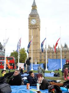  Demonstrators from the group "Occupy London" are in the fourth day of protests at Parliament Square in London, England on October 20, 2014.