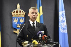 Swedish Navy commodore Jonas Wikstrom talks to media at a press conference on Friday, Oct. 17, 2014. Wikstrom says Swedish military has deployed planes and ships in response to "foreign underwater activity" in the Stockholm Archipelago. (AP Photo / Anders Wiklund) SWEDEN OUT