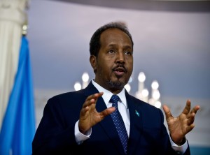 Somali President Hassan Sheikh Mohamud speaks to the press prior to talks at the U.S. State Department on Friday.