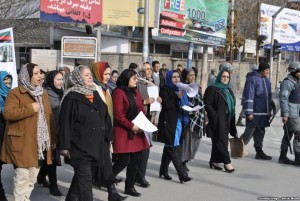Afghan women protest in Kabul to call for representation in the cabinet on February 3.