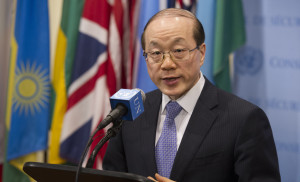 Liu Jieyi, the rotating UN Security Council president and China's permanent representative to the UN, speaks to the media at the UN headquarters in New York 
