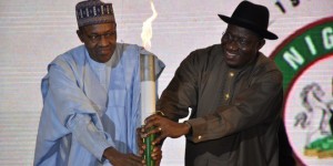 President Goodluck Jonathan (right) and Former Head of State, Gen. Muhammadu Buhari at a federal government programme