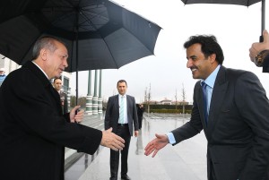 President of Turkey Recep Tayyip Erdogan (L) welcomes Emir of Qatar Sheikh Tamim bin Hamad al Thani (R) at the presidential palace in Ankara, Turkey on March 12, 2015.