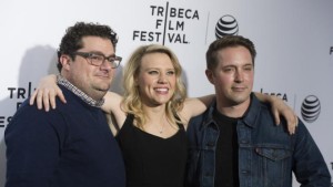 Bobby Moynihan, from left, Kate McKinnon and Beck Bennett attend the 2015 Tribeca Film Festival opening night premiere of "Live From New York!" at The Beacon Theatre on Wednesday, April 15, 2015, in New York. 