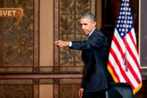 President Barack Obama points to the audience as he departs after speaking at the Catholic-Evangelical Leadership Summit on Overcoming Poverty at Gaston Hall at Georgetown University in Washington, Tuesday, May 12, 2015. 