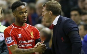  Liverpool's Raheem Sterling shakes hands with manager Brendan Rodgers after being substituted in Liverpool v Newcastle United - Barclays Premier League - Anfield - 13/4/15  