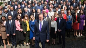 David Cameron and his newly elected members of parliament outside the House of Commons.