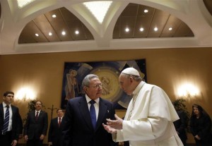 Pope Francis meets Cuban President Raul Castro during a private audience at the Vatican.