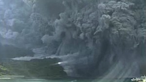 A video grab from the Japan Meteorological Agency's live camera image shows an eruption of Mount Shindake on Kuchinoerabujima island in southwestern Japan