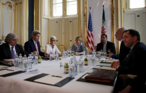 U.S. Secretary of Energy Ernest Moniz, U.S. Secretary of State John Kerry and U.S. Under Secretary for Political Affairs Wendy Sherman (L-3rd L) meet with Iranian Foreign Minister Mohammad Javad Zarif (2nd R) at a hotel in Vienna, Austria June 27, 2015. 