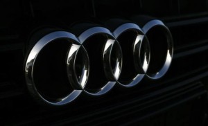 An Audi logo is seen on the radiator grill of an Audi vehicle at a car dealer in Eching near Munich