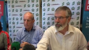 Bobby Storey (left) and Gerry Adams spoke at a press conference in west Belfast on Sunday