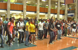 University of the Witwatersrand students protest outside the university campus against a proposed 10.5 percent increase in fees.