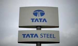A Tata Steel sign is seen outside their plant in Scunthorpe northern England