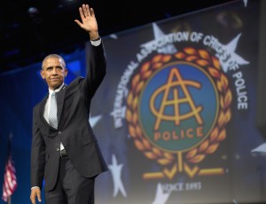 President Barack Obama waves after speaking at the 122nd International Association of Chiefs of Police Annual Conference in Chicago. In the national conversation about crime and punishment, Oct. 27, 2015.