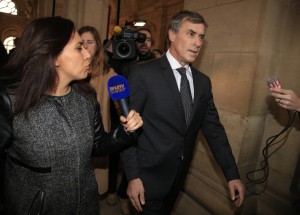 Former French budget minister Jerome Cahuzac arrives for his trial in Paris, Monday, Feb.8, 2016. Cahuzac appears in court on charges of tax fraud and money laundering that forced him to dramatically resign three years ago in the first political scandal under President Francois Hollande.