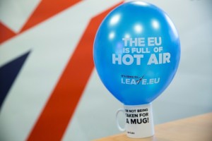 A branded balloon and mug are seen in the office of pro-Brexit group pressure group "Leave.eu" in London, Britain February 12, 2016. 