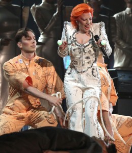Lady Gaga performs a tribute to David Bowie at the 58th annual Grammy Awards on Monday, Feb. 15, 2016, in Los Angeles.