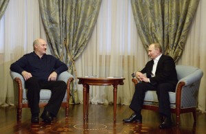 Russian President Vladimir Putin, right, meets with Belarusian President Alexander Lukashenko in the Bocharov Ruchei residence in the Black Sea resort of Sochi, Russia, Friday, Feb. 5, 2016