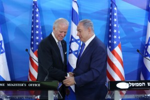 Prime Minister Benjamin Netanyahu holds a joint press conference with United States Vice President Joe Biden at the Prime Minister’s Office in Jerusalem, on March 9, 2016, during Biden’s official visit to Israel and the Palestinian Authority.