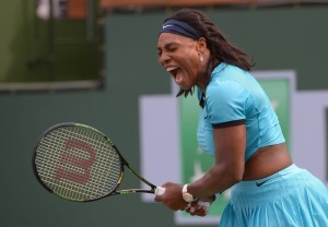 Mar 13, 2016; Indian Wells, CA, USA; Serena Williams (USA) reacts as she wins a point during her 3rd round match against Yulia Putintseva (KAZ) at the BNP Paribas Open at the Indian Wells Tennis Garden. 