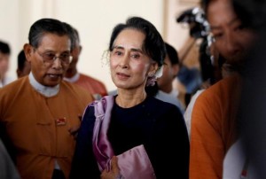 Myanmar's National League for Democracy leader Aung San Suu Kyi leaves after she attended as an observer for opening of the new upper house of parliament in Naypyitaw February 3, 2016. 