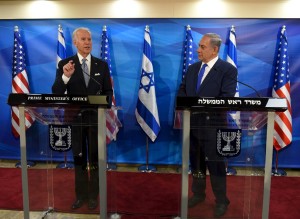 U.S. Vice President Joe Biden (L) speaks as he delivers a joint statement with Israeli Prime Minister Benjamin Netanyahu during their meeting in Jerusalem March 9, 2016.
