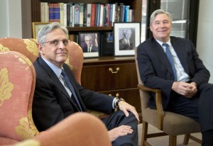 Judge Merrick Garland, President Barack Obama’s choice to replace the late Justice Antonin Scalia on the Supreme Court, meets with Sen. Sheldon Whitehouse, D-R.I., a member of the minority on the Senate Judiciary Committee which considers nominations to the high court, on Capitol Hill in Washington, Wednesday, April 6, 2016.