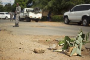 Unexploded ordnance is seen at the crime scene where Burundian General Athanase Kararuza was attacked and killed by unknown gunmen in Ntahangwa commune, north of the capital Bujumbura, April 25, 2016.