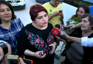 Azeri Khadija Ismayilova spoke to the media after she was released in Baku, Azerbaijan, on Wednesday. 