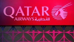 The logo of Qatar Airways is pictured at the International Tourism Trade Fair (ITB) in Berlin, Germany, March 9, 2016. 