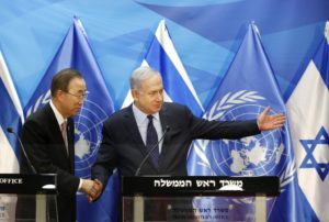 Israeli Prime Minister Benjamin Netanyahu, right, gestures to UN Secretary General Ban Ki-moon after a joint press conference in Jerusalem, Tuesday, June 28, 2016.