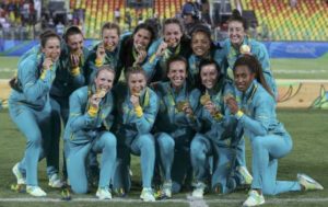 2016 Rio Olympics - Rugby - Women's Gold Medal Match Australia v New Zealand - Deodoro Stadium - Rio de Janeiro, Brazil - 08/08/2016. Team Australia pose for photos with their gold medals.