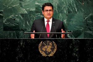 Honduras' President Juan Orlando Hernandez addresses the United Nations General Assembly in the Manhattan borough of New York, U.S. September 21, 2016. 