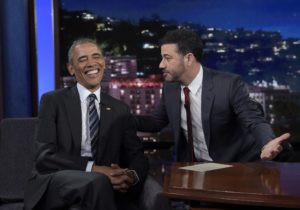 President Barack Obama talks with Jimmy Kimmel in between taping segments of Jimmy Kimmel Live! at the El Capitan Entertainment Center in Los Angeles, Monday, Oct. 24, 2016.