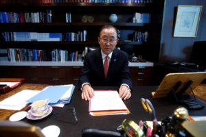 United Nations Secretary General Ban Ki-moon sits at his desk as he poses for a portrait in his office at United Nations Headquarters in the Manhattan borough of New York, New York, U.S., October 21, 2016. 