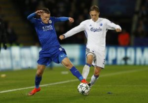  Leicester City v FC Copenhagen - UEFA Champions League Group Stage - Group G - King Power Stadium, Leicester, England - 18/10/16 Leicester City's Jamie Vardy in action with FC Copenhagen's Ludwig Augustinsson.  