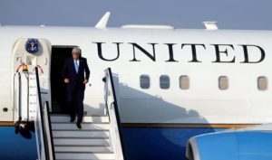 U.S. Secretary of State John Kerry leaves his plane as he arrives at Kigali international airport in Rwanda capital to promote U.S. climate and environmental goals at the Meeting of the Parties to the Montreal Protocol on the elimination of hydro fluorocarbons (HFCs) use, October 13, 2016.