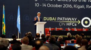 U.S. Secretary of State John Kerrydelivers his keynote addres to promote U.S. climate and environmental goals, at the Meeting of the Parties to the Montreal Protocol on the elimination of hydro fluorocarbons (HFCs) use, held in Rwanda's capital Kigali, October 14, 2016. 