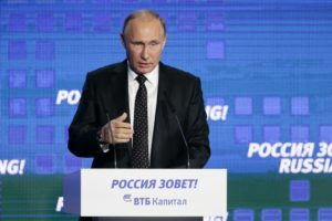 Russian President Vladimir Putin gestures while speaking at the 8th annual VTB Capital "Russia Calling!" Investment Forum in in Moscow, Russia, Wednesday, Oct. 12, 2016.Russia’s economy has been on its way down since it slipped into recession at the start of last year.