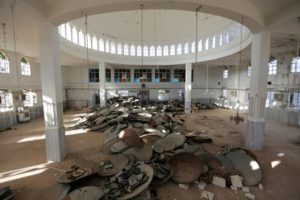 Satellite dishes damaged by Islamic State militants are pictured inside a mosque in Turkman Bareh village, after rebel fighters advanced in the area, in northern Aleppo Governorate, Syria.