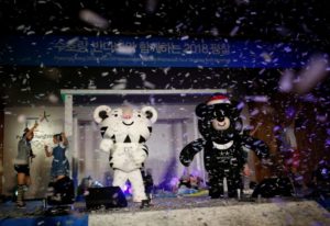 The mascots for the 2018 Pyeongchang Winter Olympics "Soohorang" and "Bandabi" (R) are seen during their launching ceremony in Pyeongchang, South Korea.