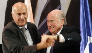 FIFA President Sepp Blatter (R) and Palestinian FA chairman Jibril Rajoub 