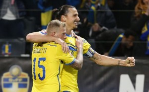 Zlatan Ibrahimovic of Sweden celebrates scoring the first goal for his team with teammate John Guidetti