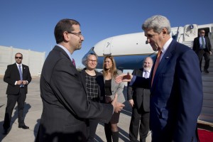 U.S. Secretary of State John Kerry is greeted by U.S. Ambassador to Israel Daniel Shapiro, left, Tuesday, Nov. 24, 2015, upon arrival in Tel Aviv, Israel. 