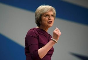 Britain's Prime Minister Theresa May gives her speech on the final day of the annual Conservative Party Conference in Birmingham, Britain, October 5, 2016.  