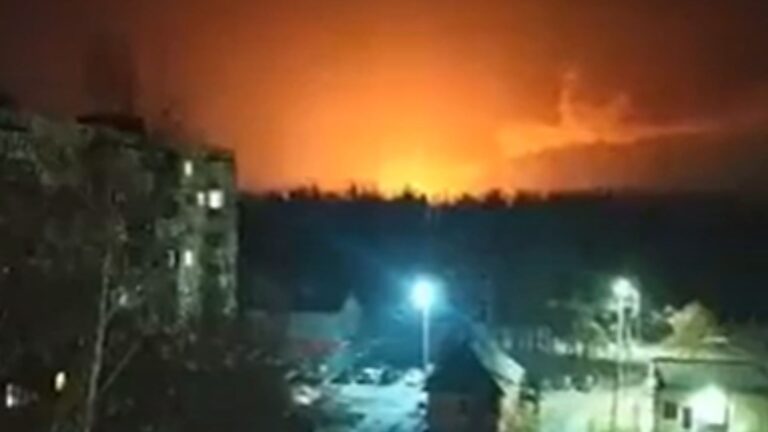 Moment sky burns crimson as Ukraine launch kamikaze drone strike in blitz on Russian gunpowder factory