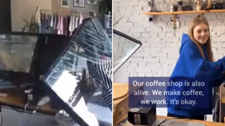 Moment shrapnel from Russian missile smashes into coffee shop in Kyiv…but fearless barista keeps serving among wreckage