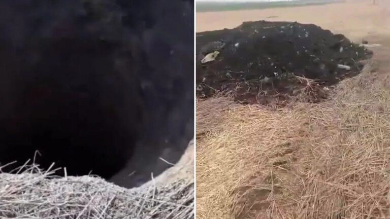 Mystery as huge crater dubbed ‘portal to the underworld’ opens up near Ukraine border as Russia quickly fills it in